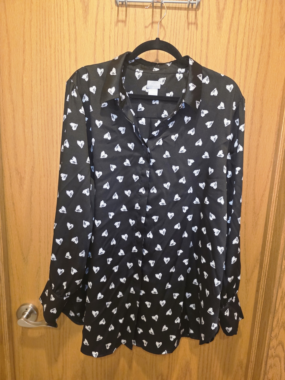 Chico's Black Button-Up Blouse with White Heart Print